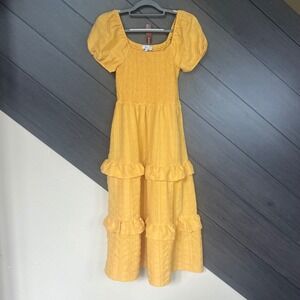 Sweet Rain Women's Mustard Yellow Puff Sleeve‎ Smocked Tiered Midi Dress L